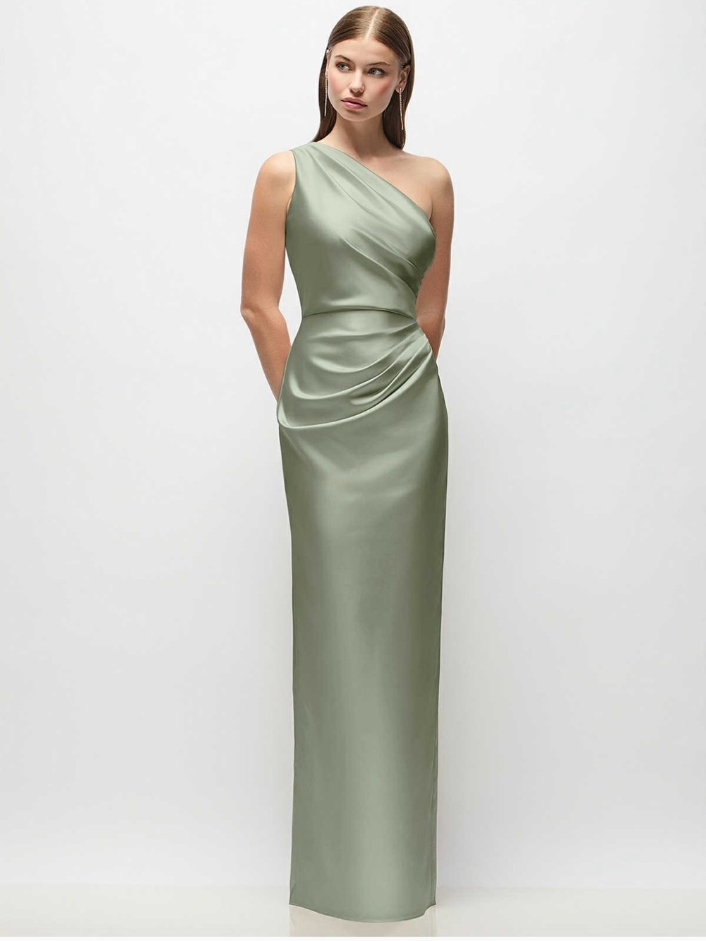 Dessy One-Shoulder Sage Green Satin Evening Gown- NWT